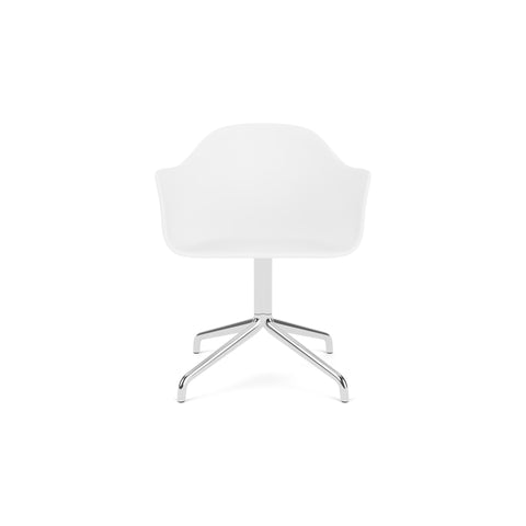 Audo Copenhagen Harbour Arm Chair, Dining Height, Upholstered in Polished Aluminum Star Base with Return with Logan Jasmine, packshot on white