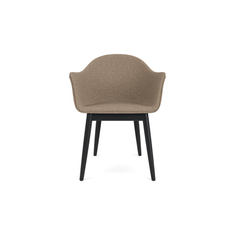 Audo Copenhagen Harbour Arm Chair, Dining Height, Upholstered in Black Painted Oak with Logan Flint, packshot on white