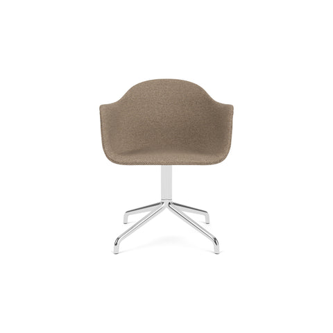 Audo Copenhagen Harbour Arm Chair, Dining Height, Upholstered in Polished Aluminum Star Base with Swivel with Logan Flint, packshot on white