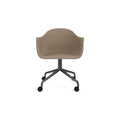 Audo Copenhagen Harbour Arm Chair, Dining Height, Upholstered in Black Steel Star Base with Casters with Logan Flint, packshot on white