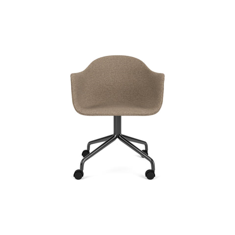Audo Copenhagen Harbour Arm Chair, Dining Height, Upholstered in Black Steel Star Base with Casters with Logan Flint, packshot on white