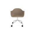 Audo Copenhagen Harbour Arm Chair, Dining Height, Upholstered in Polished Aluminum Star Base with Casters with Logan Flint, packshot on white