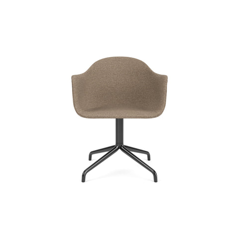 Audo Copenhagen Harbour Arm Chair, Dining Height, Upholstered in Black Steel Star Base with Return with Logan Flint, packshot on white