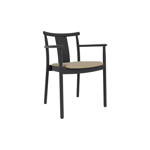 Audo Copenhagen Merkur Dining Chair w/ Armrests in Black Oak with Audo Bouclé 02 seat, packshot on white