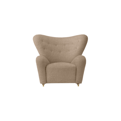 Audo Copenhagen The Tired Man Lounge Chair in Natural Oak with Logan Flint, packshot on white