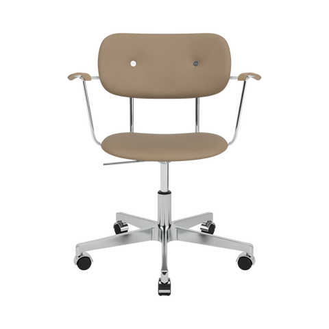 Audo Copenhagen Co Task Chair, Fully Upholstered, With Arms in Polished Aluminum and Natural Oak with Sierra 1611, packshot on white