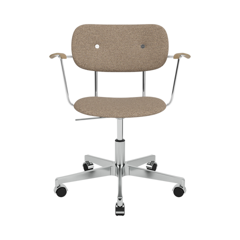 Audo Copenhagen Co Task Chair, Fully Upholstered, With Arms in Polished Aluminum and Natural Oak with Logan Flint, packshot on white