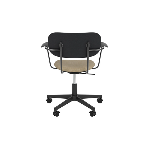 Audo Copenhagen Co Task Chair, Upholstered Seat, With Arms in Black Aluminum and Black Oak with Audo Bouclé 02, packshot on white