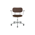 Audo Copenhagen Co Task Chair, Fully Upholstered, With Arms in Polished Aluminum and Dark Stained Oak with Audo Bouclé 07, packshot on white