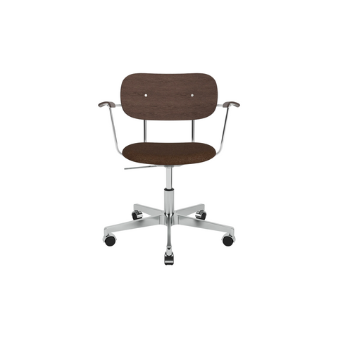 Audo Copenhagen Co Task Chair, Fully Upholstered, With Arms in Polished Aluminum and Dark Stained Oak with Audo Bouclé 07, packshot on white