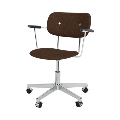 Audo Copenhagen Co Task Chair, Fully Upholstered, With Arms in Polished Aluminum and Black Oak with Audo Bouclé 07, packshot on white