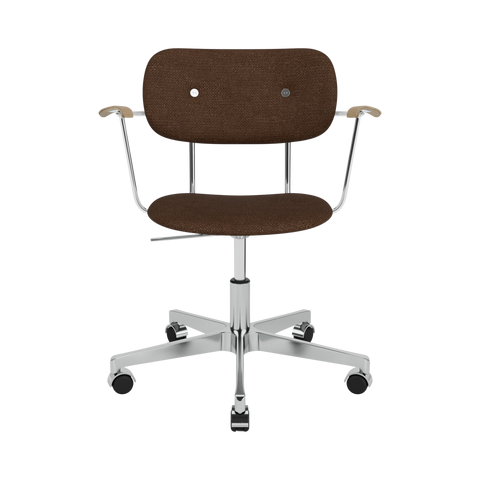 Audo Copenhagen Co Task Chair, Fully Upholstered, With Arms in Polished Aluminum and Natural Oak with Audo Bouclé 07, packshot on white