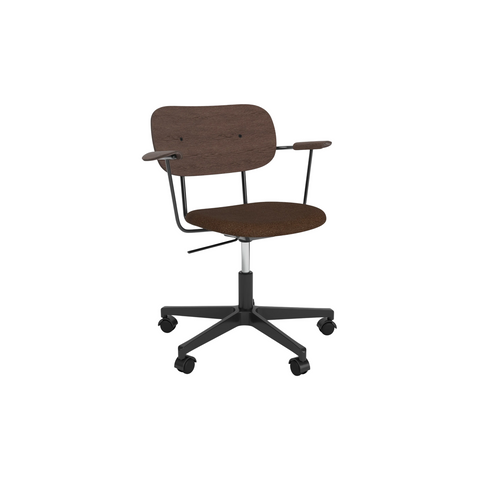Audo Copenhagen Co Task Chair, Upholstered Seat, With Arms in Black Aluminum and Dark Stained Oak with Audo Bouclé 07, packshot on white