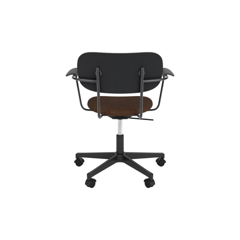 Audo Copenhagen Co Task Chair, Upholstered Seat, With Arms in Black Aluminum and Black Oak with Audo Bouclé 07, packshot on white