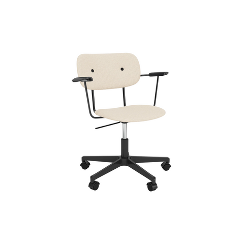 Audo Copenhagen Co Task Chair, Fully Upholstered, With Arms in Black Aluminum and Black Oak with Logan Jasmine, packshot on white