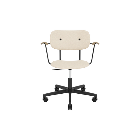 Audo Copenhagen Co Task Chair, Fully Upholstered, With Arms in Black Aluminum and Natural Oak with Logan Jasmine, packshot on white