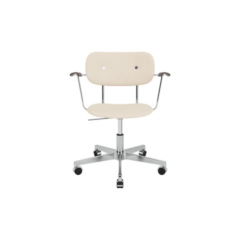 Audo Copenhagen Co Task Chair, Fully Upholstered, With Arms in Polished Aluminum and Dark Stained Oak with Logan Jasmine, packshot on white