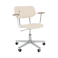 Audo Copenhagen Co Task Chair, Fully Upholstered, With Arms in Polished Aluminum and Natural Oak with Logan Jasmine, packshot on white