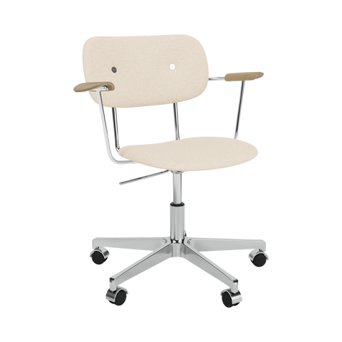 Audo Copenhagen Co Task Chair, Fully Upholstered, With Arms in Polished Aluminum and Natural Oak with Logan Jasmine, packshot on white