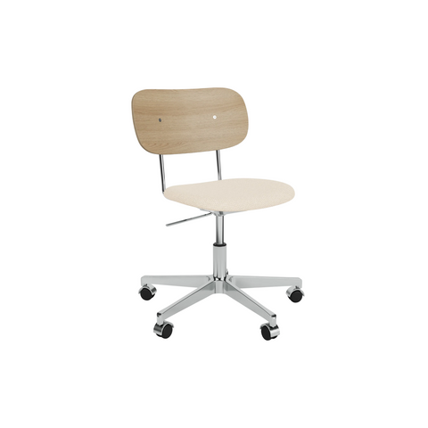 Audo Copenhagen Co Task Chair, Upholstered Seat, Without Arms in Polished Aluminum and Natural Oak with Logan Jasmine, packshot on white