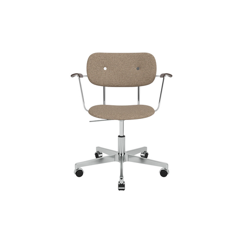Audo Copenhagen Co Task Chair, Fully Upholstered, With Arms in Polished Aluminum and Dark Stained Oak with Logan Flint, packshot on white
