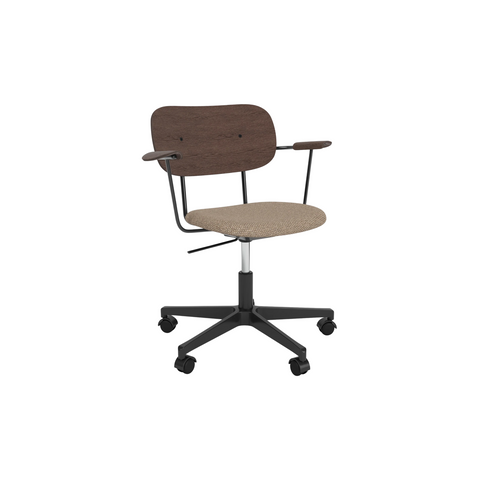 Audo Copenhagen Co Task Chair, Upholstered Seat, With Arms in Black Aluminum and Dark Stained Oak with Logan Flint, packshot on white