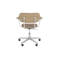Audo Copenhagen Co Task Chair, Upholstered Seat, With Arms in Polished Aluminum and Natural Oak with Logan Flint, packshot on white