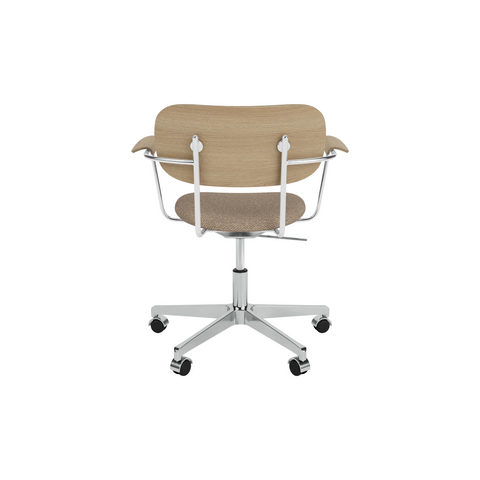 Audo Copenhagen Co Task Chair, Upholstered Seat, With Arms in Polished Aluminum and Natural Oak with Logan Flint, packshot on white