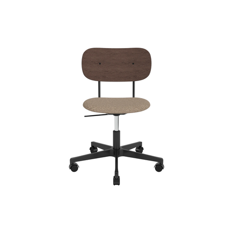 Audo Copenhagen Co Task Chair, Upholstered Seat, Without Arms in Black Aluminum and Dark Stained Oak with Logan Flint, packshot on white