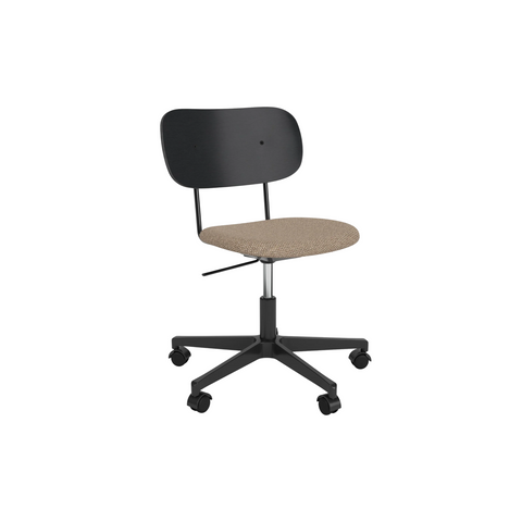 Audo Copenhagen Co Task Chair, Upholstered Seat, Without Arms in Black Aluminum and Black Oak with Logan Flint, packshot on white