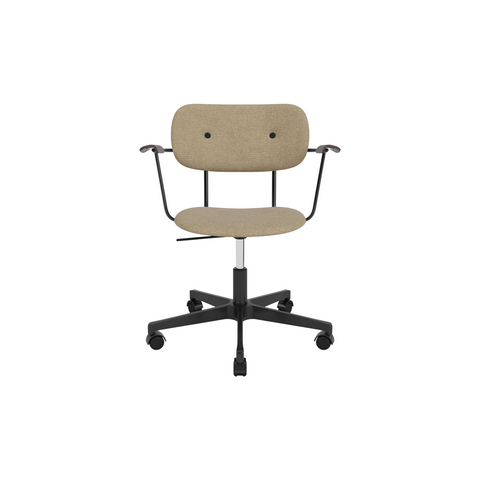 Audo Copenhagen Co Task Chair, Fully Upholstered, With Arms in Black Aluminum and Dark Stained Oak with Audo Bouclé 02, packshot on white