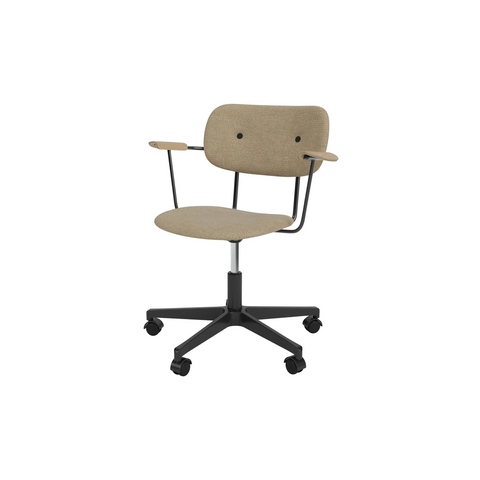 Audo Copenhagen Co Task Chair, Fully Upholstered, With Arms in Black Aluminum and Natural Oak with Audo Bouclé 02, packshot on white
