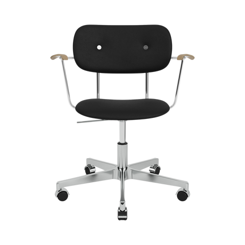 Audo Copenhagen Co Task Chair, Fully Upholstered, With Arms in Polished Aluminum and Natural Oak with Sierra 1001, packshot on white