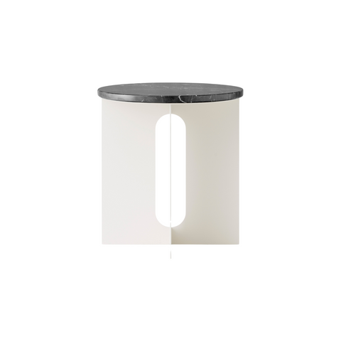 Audo Copenhagen Androgyne Side Table, 16.5" with Ivory Metal base and Nero Marquina Marble top, packshot on white