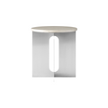Audo Copenhagen Androgyne Side Table, 16.5" with Brushed Steel base and Crystal Rose Marble top, packshot on white