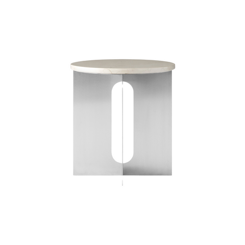 Audo Copenhagen Androgyne Side Table, 16.5" with Brushed Steel base and Crystal Rose Marble top, packshot on white