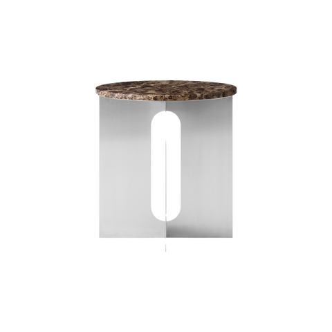 Audo Copenhagen Androgyne Side Table, 16.5" with Brushed Steel base and Emperador Marble top, packshot on white