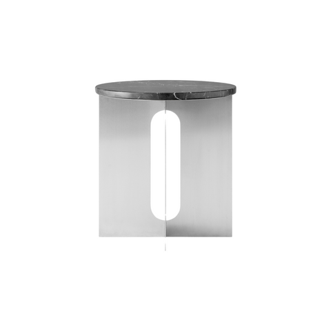 Audo Copenhagen Androgyne Side Table, 16.5" with Brushed Steel base and Nero Marquina Marble top, packshot on white