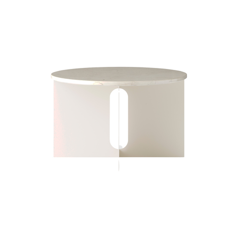 Audo Copenhagen Androgyne Side Table, Wide with Ivory Metal base and Crystal Rose Marble top, packshot on white