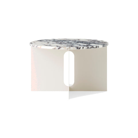 Audo Copenhagen Androgyne Side Table, Wide in Ivory Metal with Calacatta Viola Marble, packshot on white