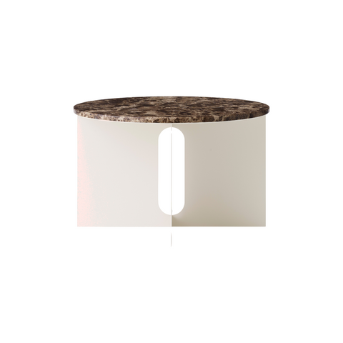 Audo Copenhagen Androgyne Side Table, Wide with Ivory Metal base and Emperador Marble top, packshot on white