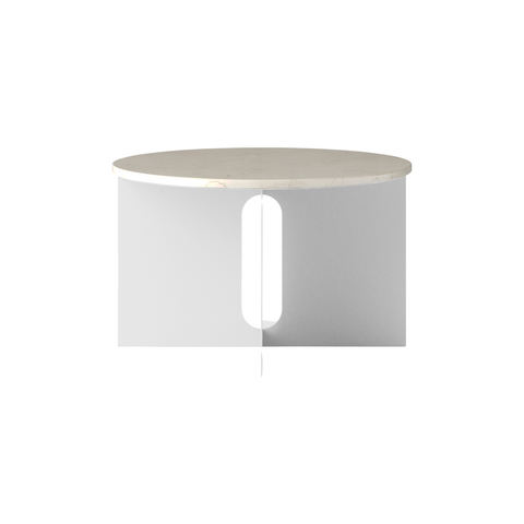 Audo Copenhagen Androgyne Side Table, Wide with Brushed Steel base and Crystal Rose Marble top, packshot on white