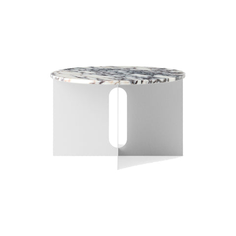 Audo Copenhagen Androgyne Side Table, Wide in Brushed Steel with Calacatta Viola Marble, packshot on white