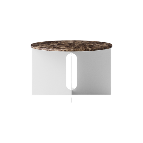 Audo Copenhagen Androgyne Side Table, Wide with Brushed Steel base and Emperador Marble top, packshot on white