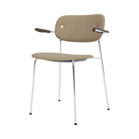 Audo Copenhagen Co Dining Chair, With Arms, Fully Upholstered in Chrome and Dark Stained Oak with Audo Bouclé 02, packshot on white