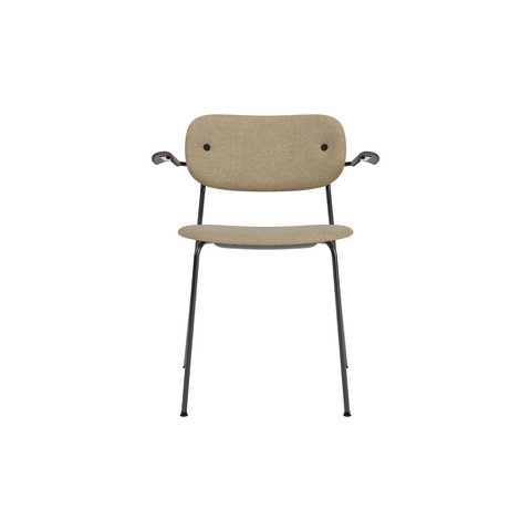 Audo Copenhagen Co Dining Chair, With Arms, Fully Upholstered in Black Steel and Dark Stained Oak with Audo Bouclé 02, packshot on white