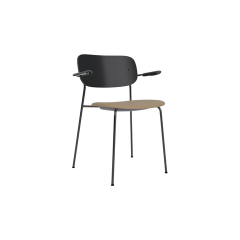 Audo Copenhagen Co Dining Chair, With Arms, Partially Upholstered in Black Steel and Black Oak with Audo Bouclé 02, packshot on white