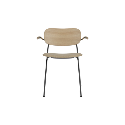 Audo Copenhagen Co Dining Chair, With Arms, Partially Upholstered in Black Steel and Natural Oak with Audo Bouclé 02, packshot on white