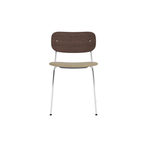 Audo Copenhagen Co Dining Chair, Without Arms, Partially Upholstered in Chrome and Dark Stained Oak with Audo Bouclé 02, packshot on white