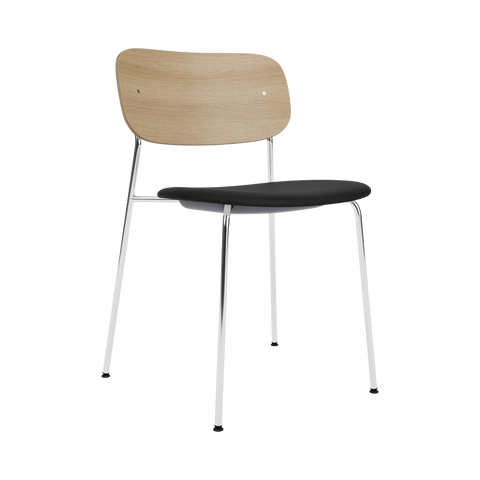 Audo Copenhagen Co Dining Chair, Without Arms, Partially Upholstered in Chrome and Natural Oak with Sierra 1001, packshot on white